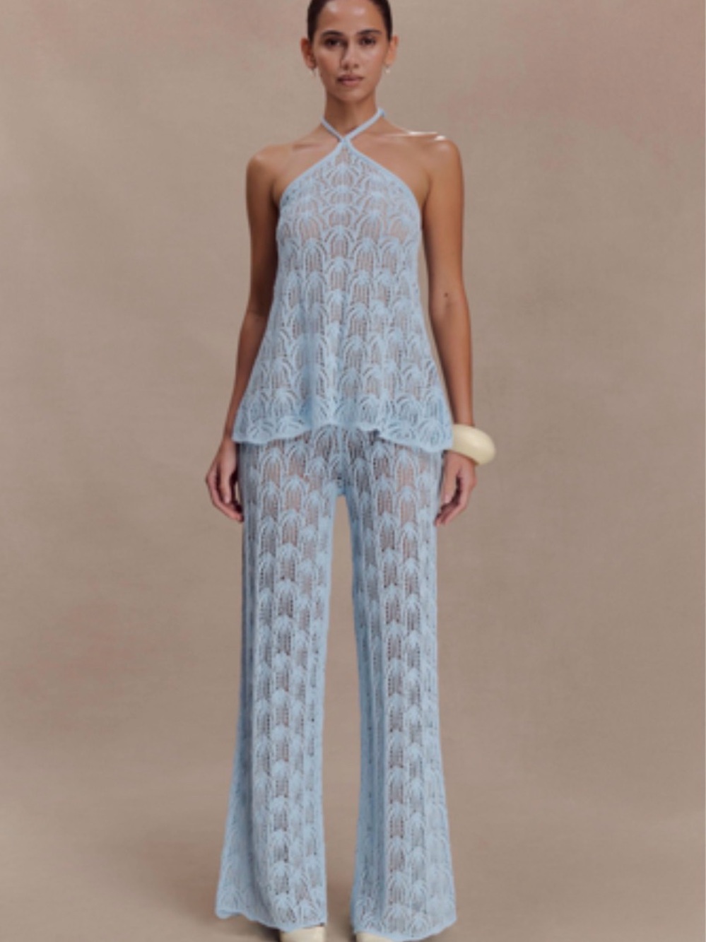 Meshki Pale Blue Crochet Halter Top and Wide-Leg Pants Set